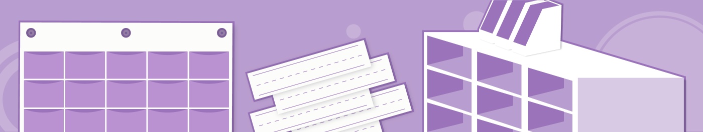 Purple organizational tools including a calendar, labels, and storage unit.