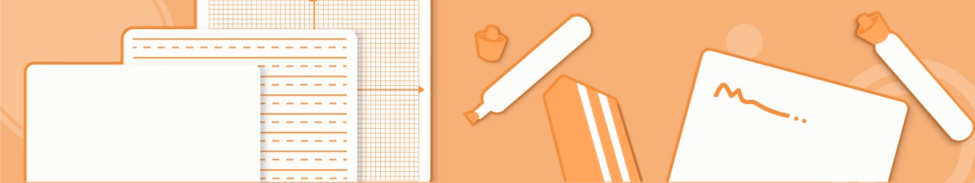 Stationery layout with blank sheets and markers against an orange background.